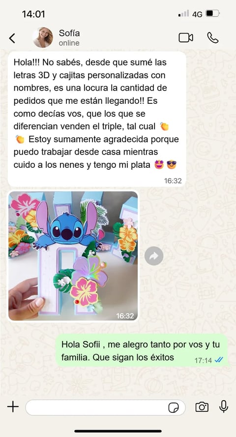 Cliente Sofia comparte su alegría al recibir la letra 3D personalizada con flores - Reseña WhatsApp