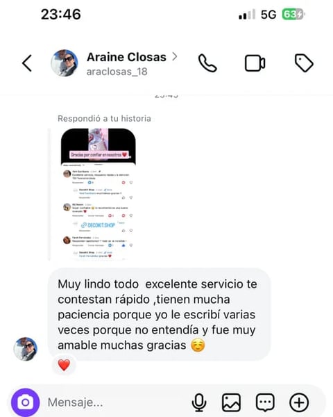 Araine Closas nos escribe alabando nuestro servicio y productos - Reseña Instagram