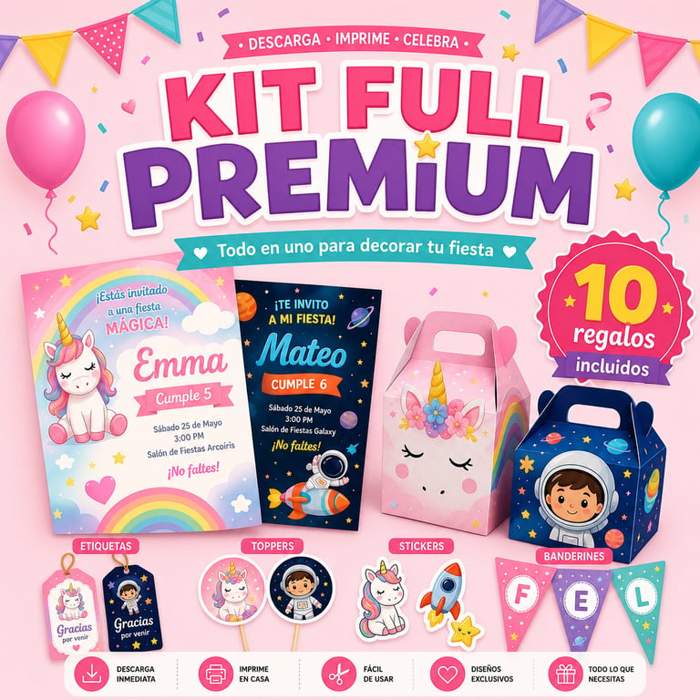 Kit Fiesta Premium - 10,000 diseños editables en Canva para fiestas infantiles, invitaciones y decoraciones